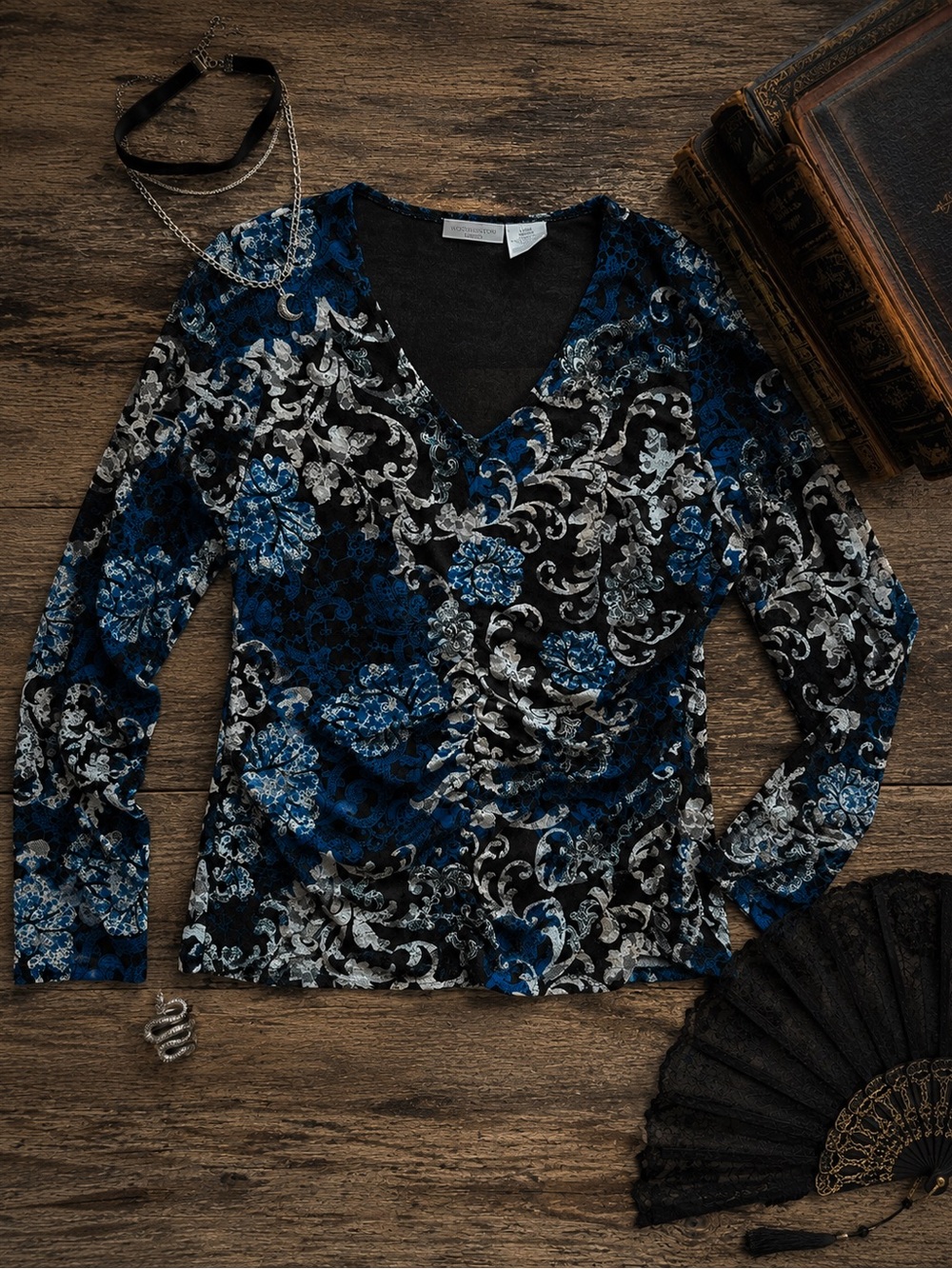 Vintage Worthington Stretch Y2K Mesh Overlay Floral Top Large Blue Black